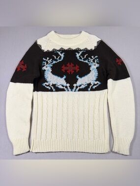 Vintage 70s Silton Reindeer Nordic Ski Sweater Cable Knit Unisex S/M